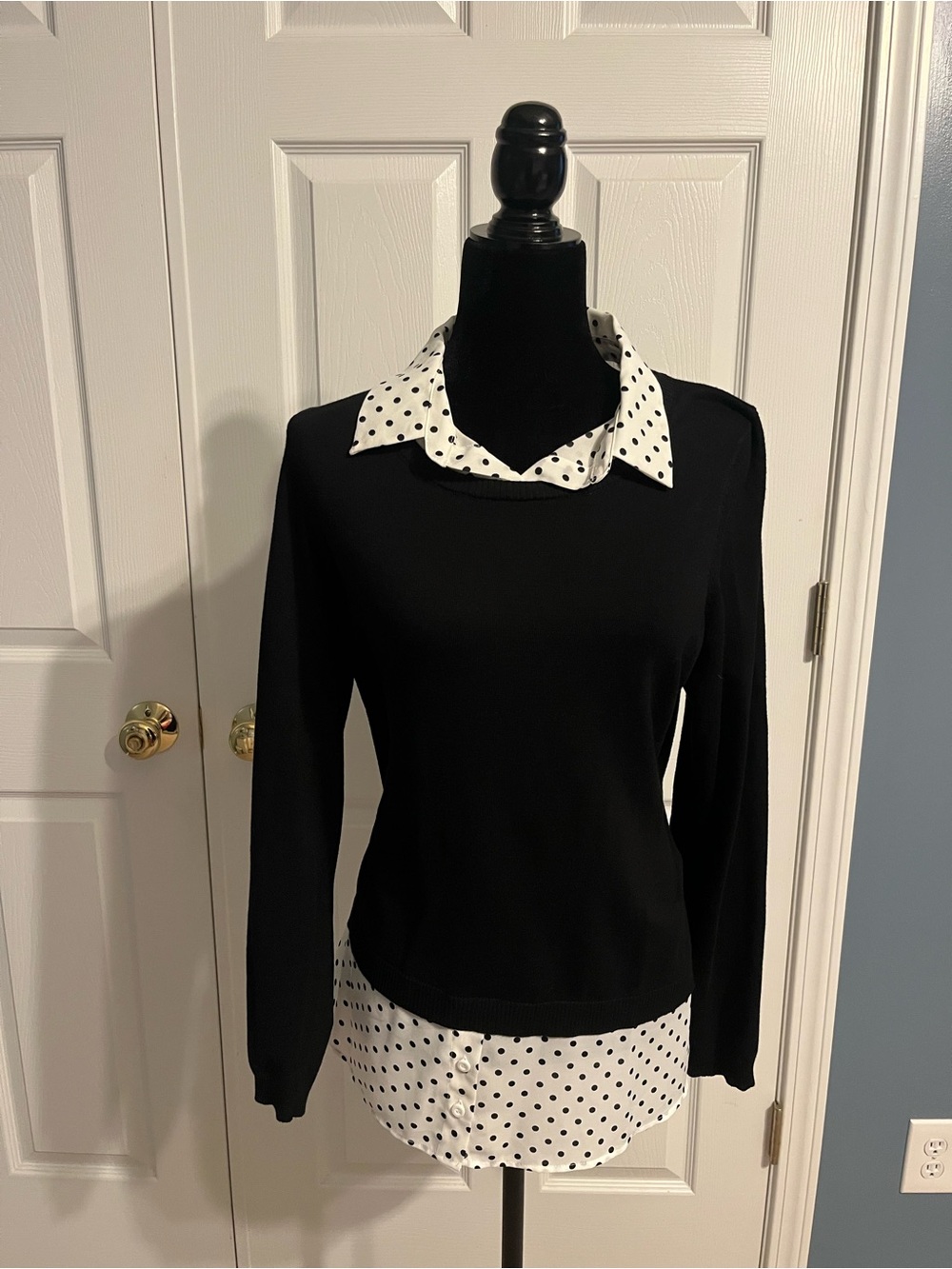 Adrianna Papell Black Sweater with White Polka Dot Trim